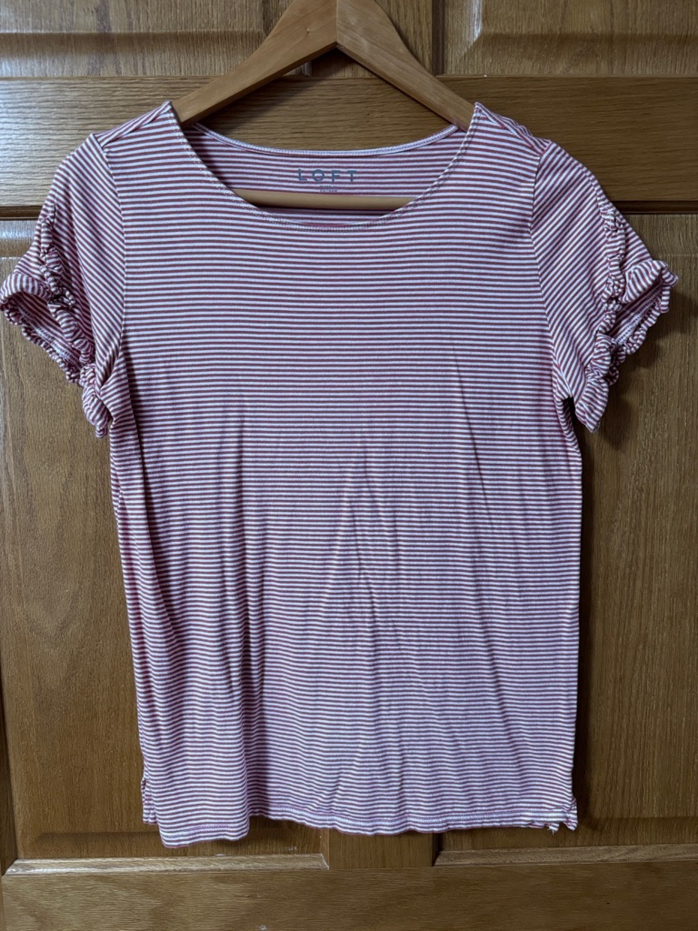 LOFT Pink & White Striped Ruffle Sleeve Tee Top